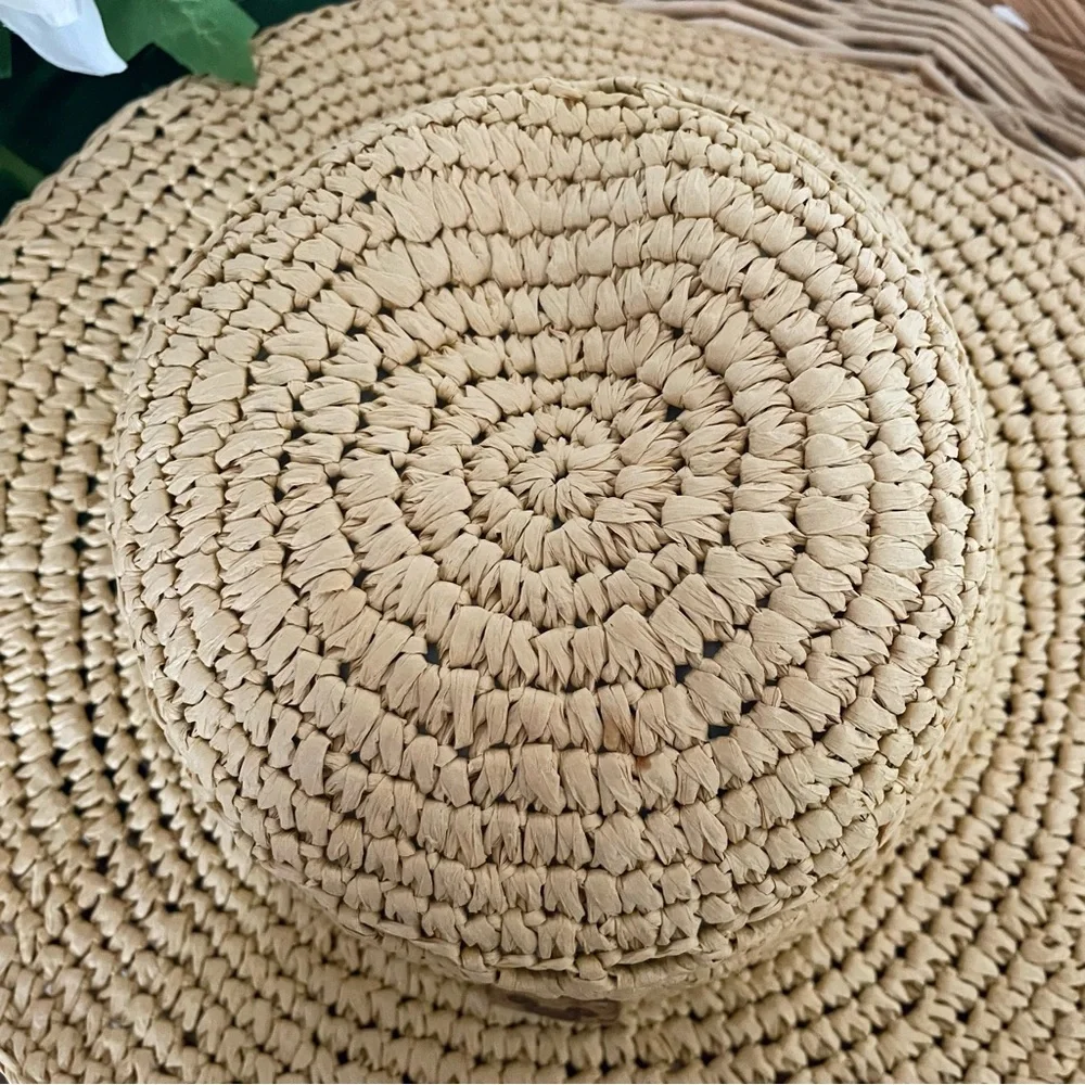 Disney Parks Mickey Mouse Woven Straw Floppy Hat Carved Wood Mickey Mouse summer